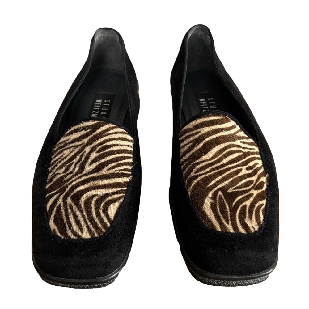 Stuart Weitzman Black Suede Flats with Brown Zebra Haircalf Accent